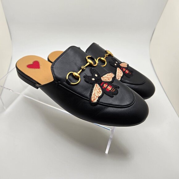 Gucci Princetown Mules Horsebit Bee Embroidered Slip-On Leather Black Women's 35 - Picture 9 of 10